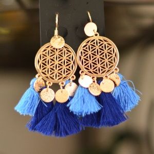 Boho Gold Dreamcatcher Tassel Earrings Navy Blue